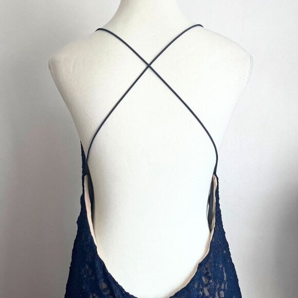 NWT JOIE NAVY GLITTER LACE SCALLOPED SLIT TRAIN EVENING GOWN - L - Picture 6 of 9